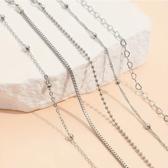 5pc Silver Tone Bracelet Set Jewelry Gift Beaded Hearts Chains - Picture 3 of 7